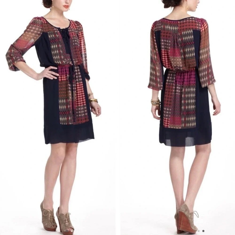 Maeve Rosalie Peasant Dress Womens Medium Navy Pink Mixed Print Boho Gypsy Retro